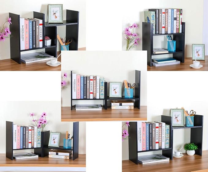 Adjustable Desktop Shelf Wood Small Bookshelf Desk Supplies Organizers and Accessories Storage Display Rack Office Decor, Black - Image 6