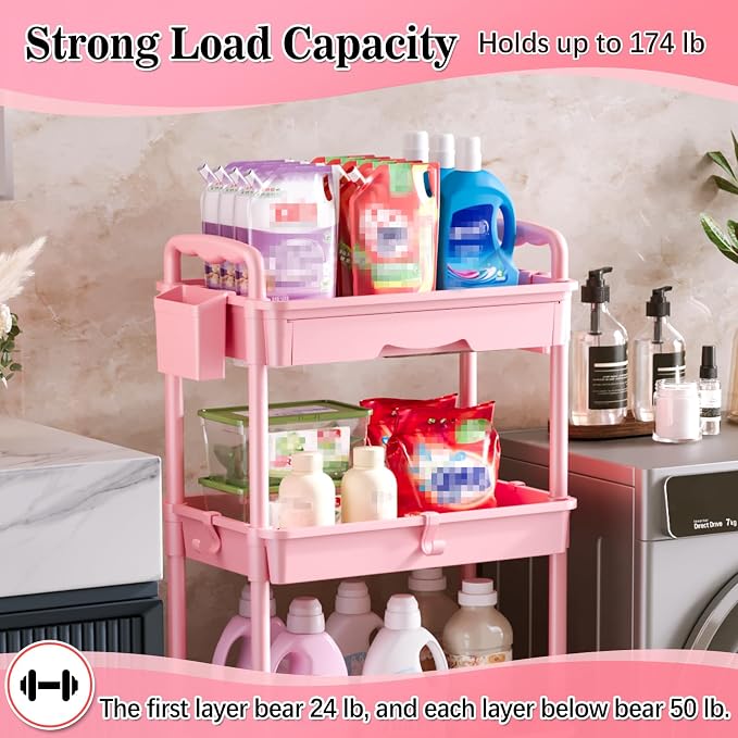 SUNALLY 4 Tier Rolling Cart with Drawer, Craft Storage Cart Organizer, Pink | Bathroom Storage Organizer with 2 Lockable Wheels, Rolling Utility Cart for Kitchen, Office, Baby, Makeup, Nail,Snack,Laundry - Image 5