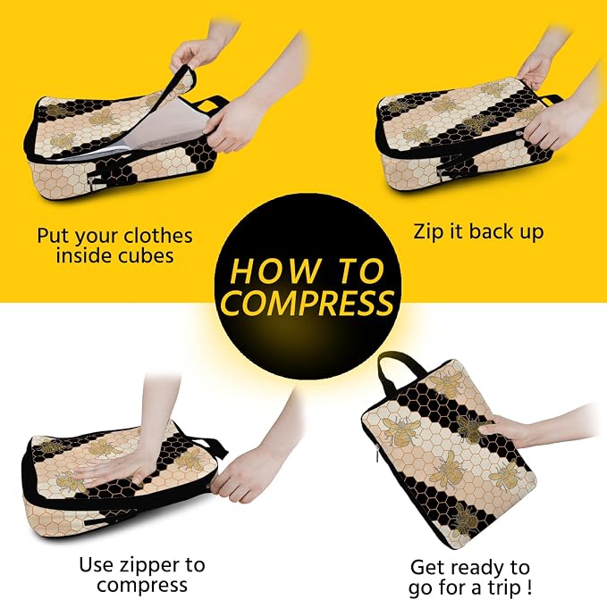 6 Pcs Compression Packing Cubes Waterproof Suitcase Travel Bag Luggage Backpack Organizer Travel Cubes for Packing-Black and Gold Bees - Image 5