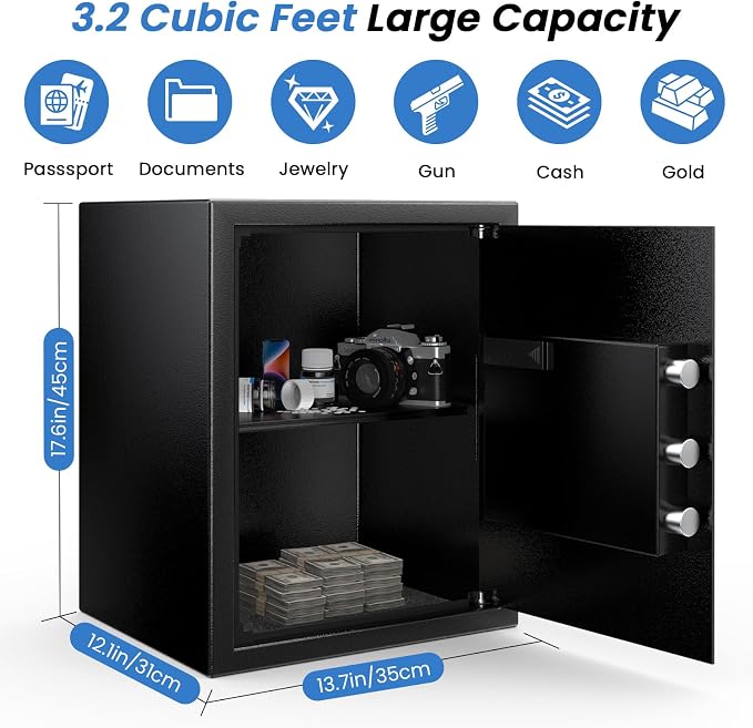17.55'' Fireproof Safe Box with Digital Keypad, 3.2 Cu Ft Home Safe | Safes with Smart Alert, 2 Removable Shelves,Keys & Pass Code,Wall Mount,External Emergency Power and Fireproof Waterproof Bag - Image 2