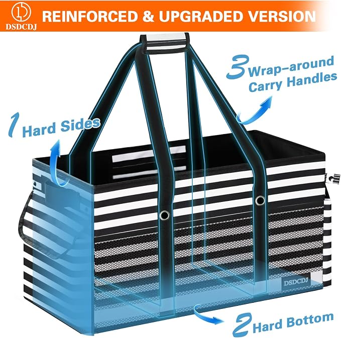 Extra Large Utility Tote Bag with Reflective Strip, Standing Reusable Grocery Bags with Hard Bottom, Collapsible Utility Tote with Handles for Shopping, Beach, Picnics, Car, Striped Black - Image 3