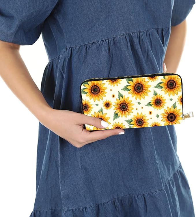 Women's RFID Blocking PU Leather Zip-Around Wallet, Large Capacity Clutch with Phone Holder, Travel Purse & Card Organizer with Removable Wristlet,Sunflower Pattern - Image 6
