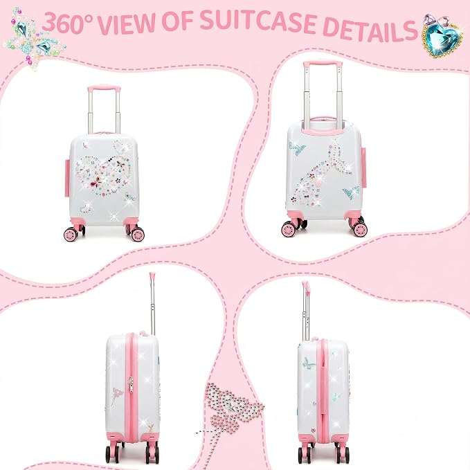 Kids Luggage Sets 2 Piece Pink Rolling Suitcases for Girls with Wheel Shardshell 16" Travel Suitcase with 10 Sheets Gem Stickers - Image 7
