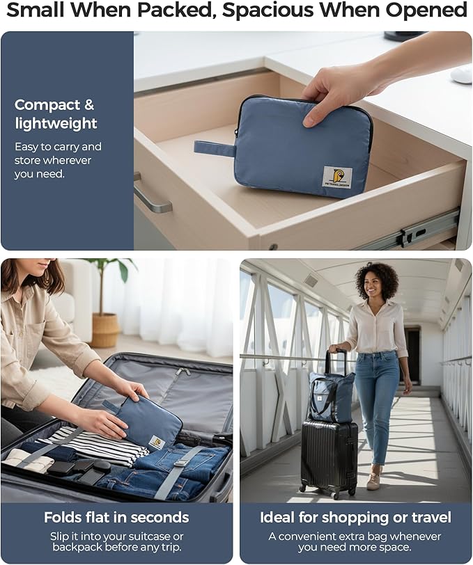 Foldable Travel Bag, 26L Lightweight Weekender Duffel, Expandable Second Carry-On Bag for Travel & Shopping, Water-Resistant Personal Item Bag, Mist Blue - Image 2
