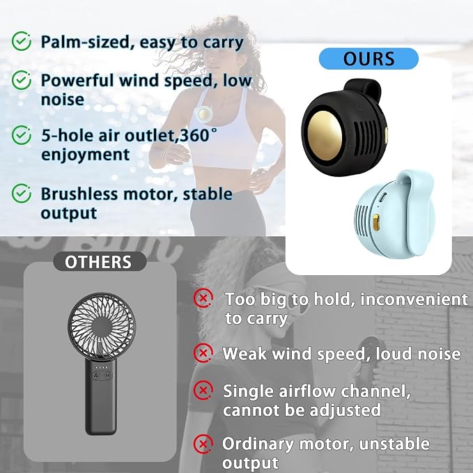 Portable Clip-On Fan, Mini USB Rechargeable 360° Rotatable Fan, Personal Fan 3-Speed Silent Mini Bladeless Fans (2 pack（Black and Blue）) - Image 5
