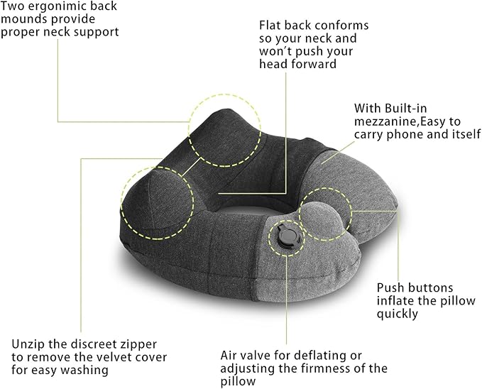 Keemall Inflatable Travel Neck Pillow, Airplane Neck Pillow for Long Flight Sleeping,Soft 100% Cotton Travel Pillow for Plane Head Rest, Portable Traveling Essentials - Image 3