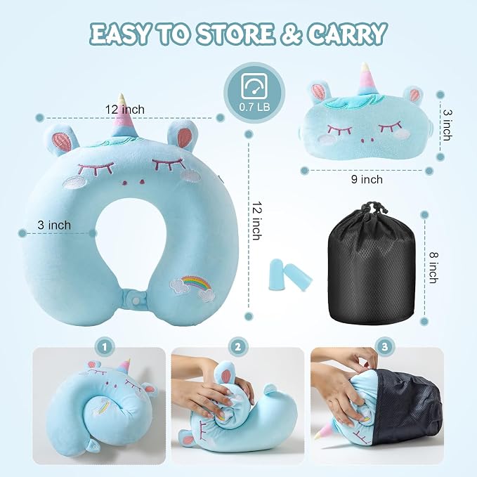 Cirorld Travel Pillow for Kids Adult Cute Neck Pillow for Traveling Memory Foam Airplane Pillow Sleep Mask Animal Flight Pillow Head Rest Neck Support for Cars Long Flights (Blue, 9-12 Y/O) - Image 8