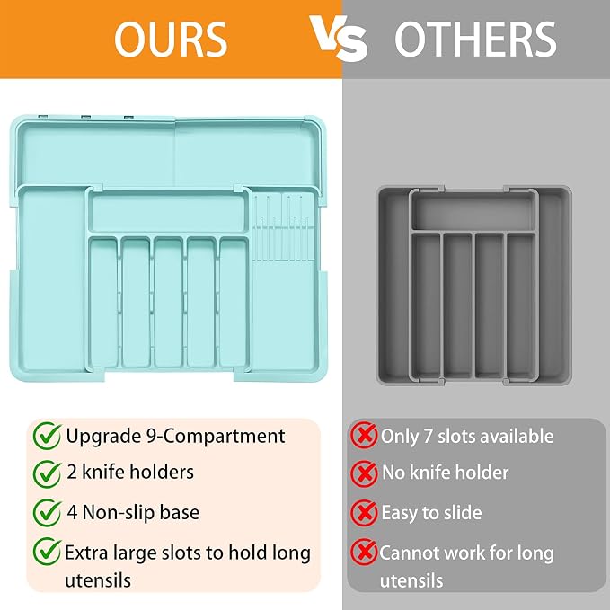 Homecor Silverware Organizer - Expandable Large Kitchen Drawer Organizer Utensil Organizer with 2 Knife Block Inserts, 22"x 19"Cutlery Tray with Drawer Dividers for Kitchen Flatware (Turquoise) - Image 3