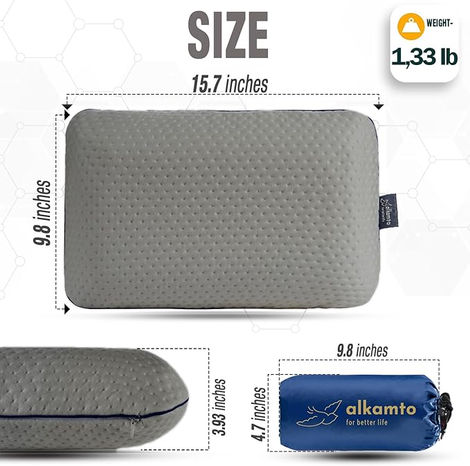 alkamto Travel & Camping Comfortable Memory Foam Pillow – Easy to Carry Portable Bag – Temperature Regulating Pillow Case (Grey) - Image 3