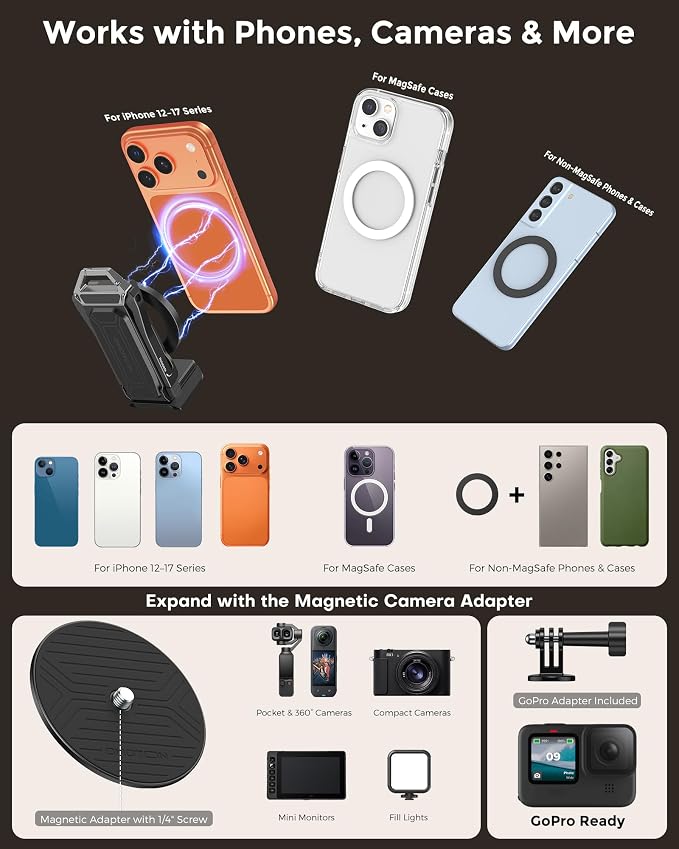 OMOTON TP02-Ultra Magnetic Action Camera Mount for DJI/GoPro iPhone, Black | Arca-type Adapter with 1/4" Screw, 4 in 1 Phone Tripod for Travel Vlog, Adjustable & Swivel, for iPhone 12-17 Series - Image 6