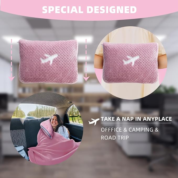 3 in 1 Travel Blanket Pillow Set - 350 GSM Thick Travel Blanket Airplane Compact with Bag, Soft Bag with a Pocket, Inflatable Travel Pillow for Camping & Car Trip (Blush Pink) - Image 5
