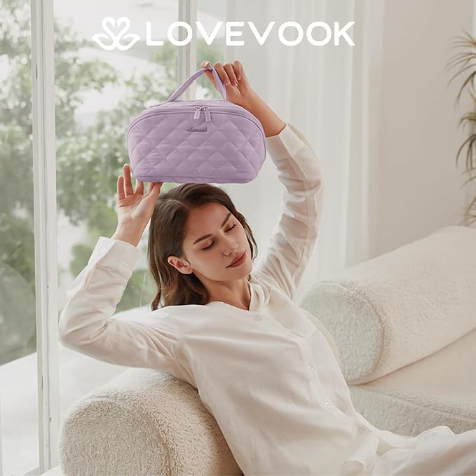 LOVEVOOK Travel Makeup Bag for Women, 2Pcs Puffer Waterproof Cosmetic Organizer, Large Capacity Pouch Open Flat Small Toiletry Bag with Brush Compartment & Handle (Purple, Medium) - Image 2
