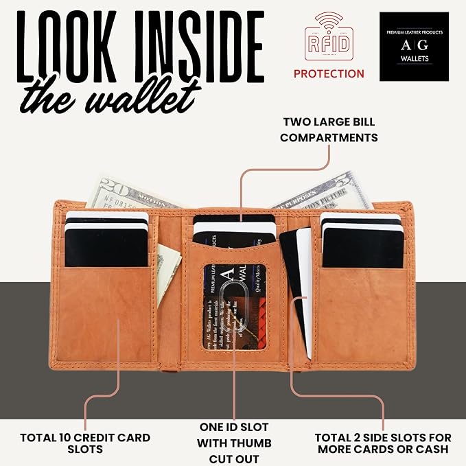 AG Wallets RFID Blocking Wallet for Men - Trifold Minimalist Slim Wallet with 10 Credit Card Slots & 3 Side Slots - 100% Genuine Leather Travel Wallet - Secure Compact Wallet - Tan - Image 2