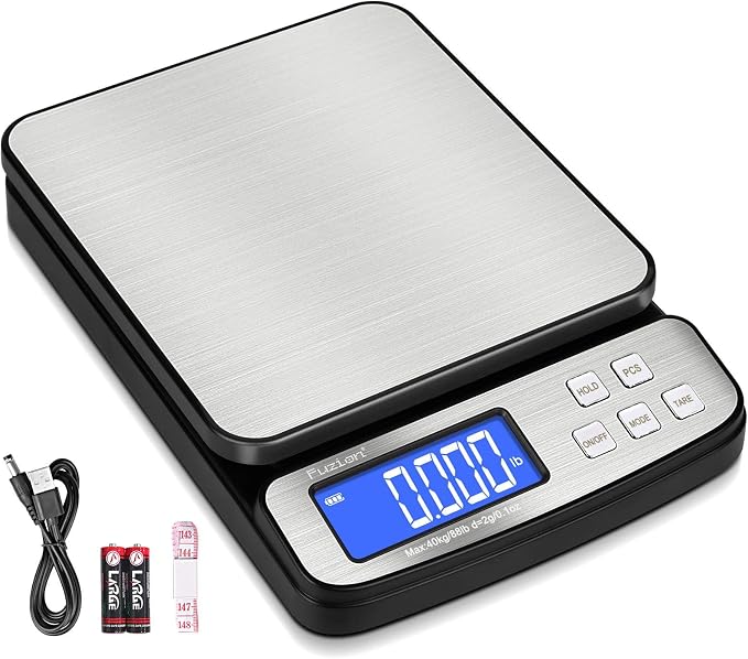 Fuzion Digital Shipping Postal Scale 88lb x 0.1oz, Stainless Steel Platform | All-in-1 Shipping Scale, Large Display, Hold/Tare/PCS Counting, Easy Calibration, 5 Units, Scale for Packages, Small Business by Fuzion%C2%AE