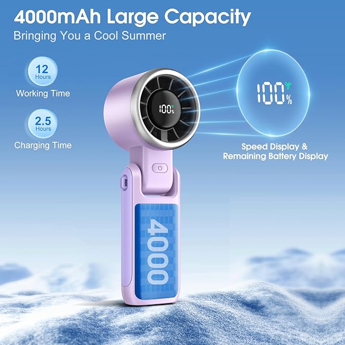 WHATOOK Portable Handheld Turbo Fan:12m/s Strong Wind 15000RPM High Speed Mini Fan, 4000mAh Battery Rechargeable Personal Fan with LED Display, 3 in 1 Foldable Fan for Travel Office Shopping, (Purple) - Image 4