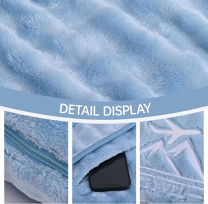 Travel Blanket and Pillow-2-in-1, Ultra-Soft&Compact, One-Piece Airplane Blanket with Hand Luggage Belt and Backpack Clip,Travelers Accessories Gifts, 61x43 Inches (Blue) - Image 7