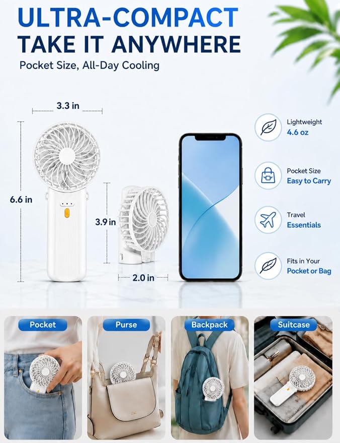 Portable Mini Fan, Quiet Foldable Fan with Lanyard (White) | 4 Speeds, 15H Rechargeable Battery, Portable Pan for Travel, Home, Office, Outdoor, Makeup, Women, Men, White - Image 4