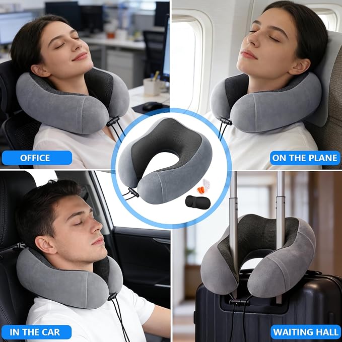 Airplane Pillow, Travel Neck Pillow with Memory Foam - Adjustable Buckle & Machine Washable Cover for Neck Support, Includes Eye Mask & Ear Plugs (Grey) - Image 4