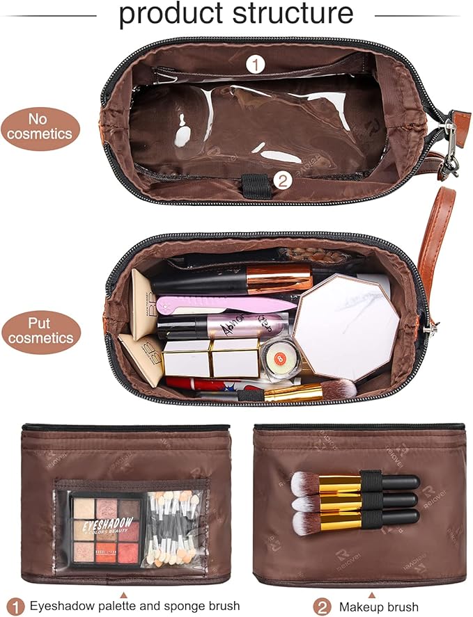 Relavel Travel Makeup Bag, Cosmetic Bag with Multiple Function | Zipper Pouch for Purse Large Capacity Toiletry Bag Portable Waterproof Travel Accessories Skincare Make Up Bag, Brown - Image 4
