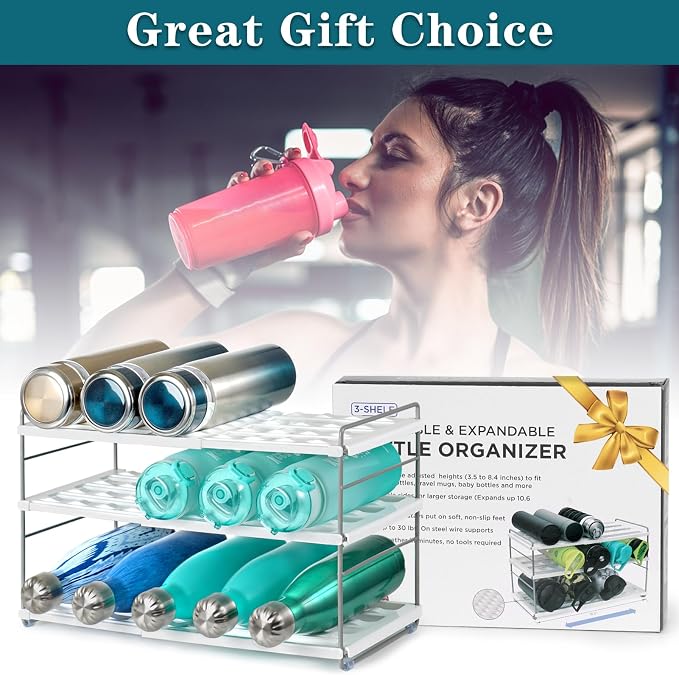 10.6-16.7" Adjustable Width Water Bottle Organizer for Cabinet, 3-Tier Expandable Water Bottle Holder Rack, Cup and Tumbler Storage for Kitchen Organization, Sports Flask, Insulated Travel Mug, Fridge - Image 8