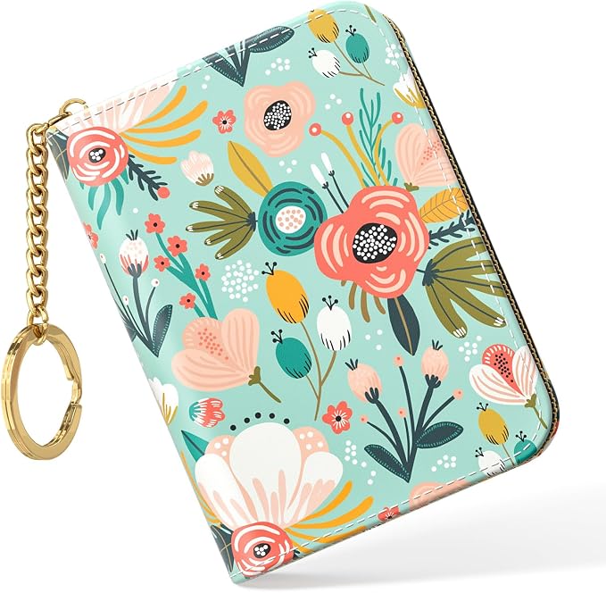 Nipichsha Women's Credit Card Holder Wallet, Green Flower, Leather, Compact, Slim, 12-Slot, RFID Blocking | Leather Card Holder Wallet, Credit Card Wallet Organizer, Business Card Case with Zipper & Keychain, 12-Slot Compartment by Nipichsha