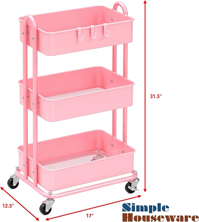 Simple Houseware 3-Tier Heavy Duty Metal Utility Rolling Cart, Pink - Image 6
