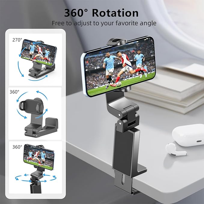 CreaDream 1 Pack Airplane Phone Holder, 360° Rotation Phone Mount for Travel Essentials, Adjustable Handsfree Phone Stand for Flight Desk, Pocket Size Compatible with All 4.7-6.9 inch Phones - Image 4