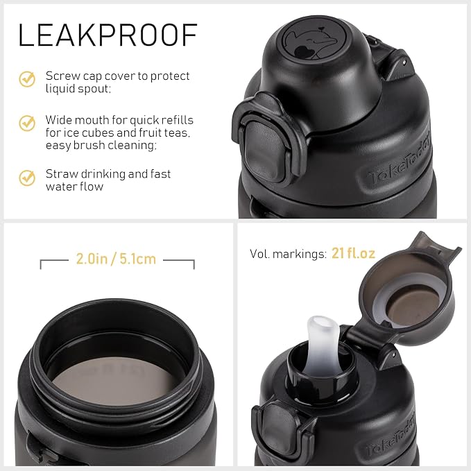 TakeToday Collapsible Water Bottles 21oz (600mL), Foldable Platinum Silicone Travel Water Bottle with Straw & Carry Strap, Leak-Resistant Screw Lid, Wide Mouth, BPA-Free for Hiking, Camping, Travel - Image 6