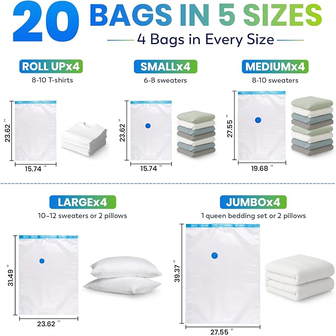 FUNFERY 20 Pack Vacuum Seal Bags for Clothing Travel,Vacuum Storage Bags with Pump,Compressing Packing Bag for Clothes,Blankets,Comforters,Home Storage,Space Saving Bag for Moving Supplies-Combo Set - Image 2