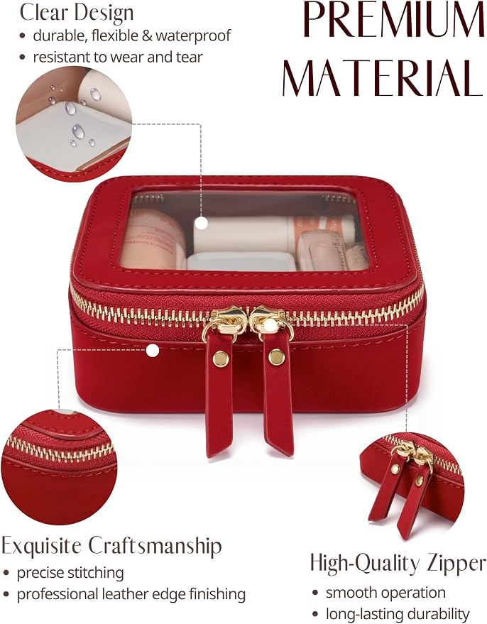Clear Makeup Bag with Zipper, Set of 2, Mini and Medium, Red | Clear Travel Bags for Toiletries, Structured Cosmetic Case for Women, Waterproof PU Leather, Wide Open Portable Car Organier - Image 6