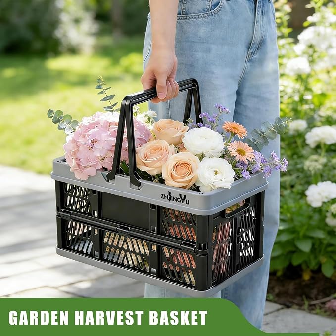 Foladable plastic baskets with handles 20L,collapsible crates for storage | 14.96"x9.84"x7.87" foldable shopping basket ,foldable crate with Handles for car Classroom Kitchen Bathroom Medicine Milk - Image 2