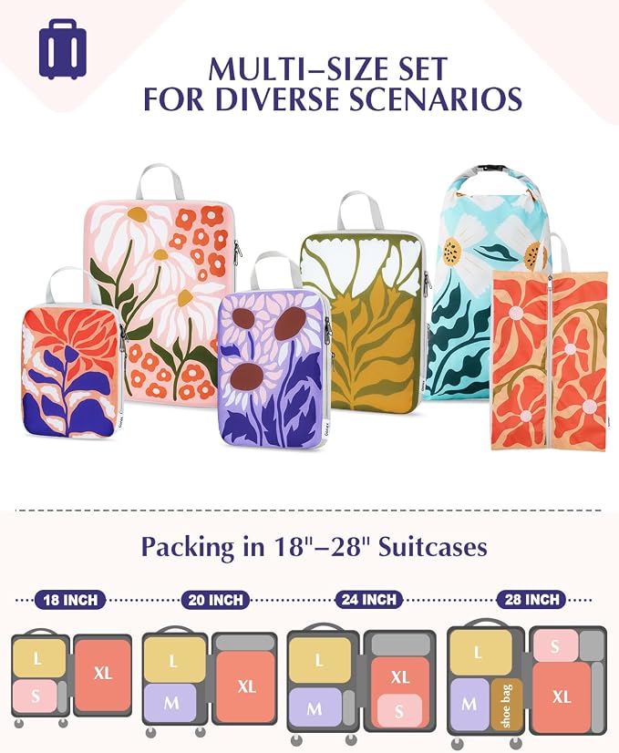 Gonex 6-Piece Compression Packing Cubes with Shoe & Laundry Bags | Floral Pattern, Ripstop Fabric, Double-Zip Compression, Carry-On Friendly, Lightweight - Image 5