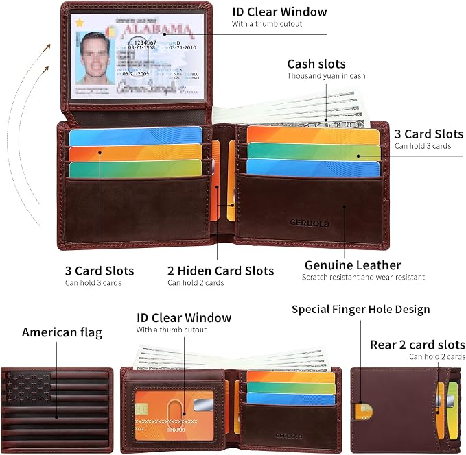 Wallet for Men-Genuine Leather RFID Blocking Bifold Stylish Wallet American Flag Wallet With 1 ID Window (Red, With ID Window) - Image 2