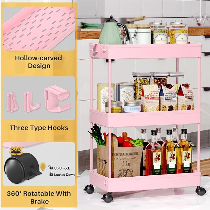 SPACEKEEPER 3 Tier Rolling Cart, Bathroom Cart Organizer with Wheels, Pink | Mobile Storage Cart for Laundry Room Organization,Kitchen,Office,Bathroom, Utility Cart for Snack,Craft,Art,Makeup,Nail,Toys - Image 7
