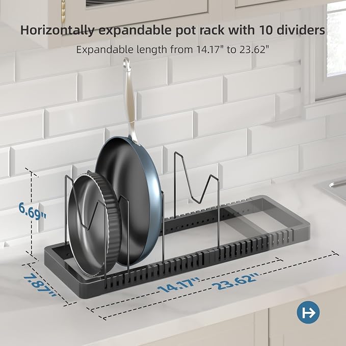 Pots and Pans Organizer under Cabinet, Expandable Pot Lid Organizer Holder with 10 Adjustable Compartment, Pan Organizers inside Cabinet for Lids, Bakeware, Kitchen Storage Pot Rack, Black - Image 2