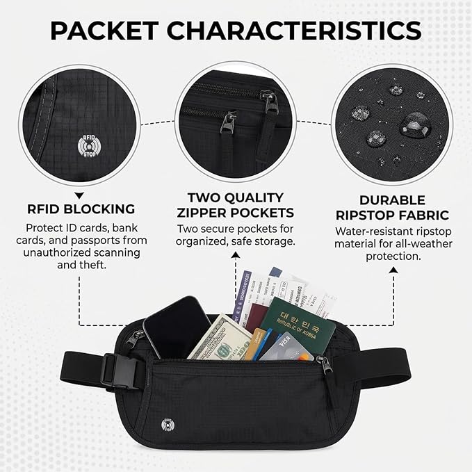 RFID Blocking Money Belt for Travel, Hidden Anti Theft Waist Pouch with RFID Protection, Slim Passport Holder Fanny Pack for Cash, Credit Cards, Phone & Travel Essentials-lightgrey-Black - Image 3