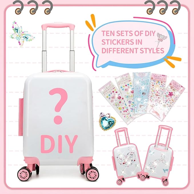Kids Luggage Sets 2 Piece Pink Rolling Suitcases for Girls with Wheel Shardshell 16" Travel Suitcase with 10 Sheets Gem Stickers - Image 6