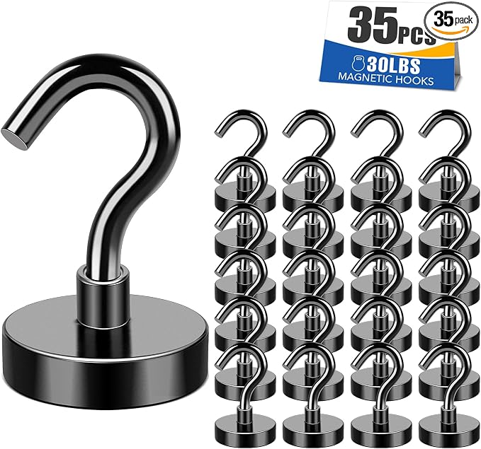 Black Magnetic Hooks 30Lbs Heavy Duty Magnets with Hooks | Strong Magnet Hooks for Hanging Super Metal Magnetic Hanger for Grill Fridge Kitchen - Pack of 35 by MIKEDE
