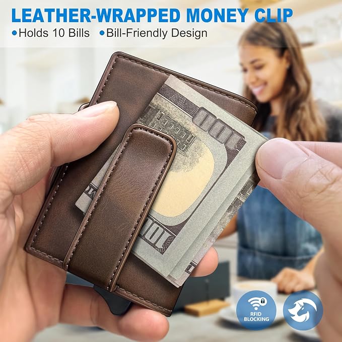 Wallet for Men, Slim Pop Up Card Holder with RFID Blocking, Minimalist Bifold Wallet with 10 Card Slots, 2 ID Window and Money Clip, Metal Flip Case with Magnetic Closure, Gift Box - Image 5