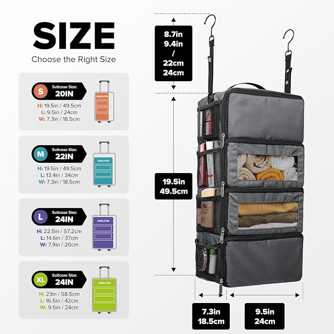 Vokelater Suitcase Organizer - Travel Luggage Hanging Shelves Packing Cube Closet/Collapsible Portable Travel Organizer for Carry-on, Small, Grey - Image 2