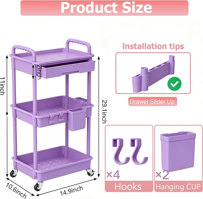 REBECAT 3 Tier Rolling Cart with Drawer, Utility Storage Cart on Wheels for Kitchen, Bathroom, Living Room,Office(Purple) - Image 2
