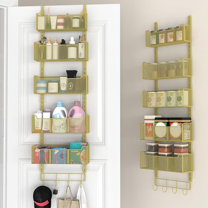 VyGrow Over The Door Organizer, Metal Door Organizer Hanging with 5 Adjustable Baskets and Coat Hook, Behind The Door Storage for Bedroom Closet Bathroom Pantry Cabinet Kitchen, Gold by VyGrow