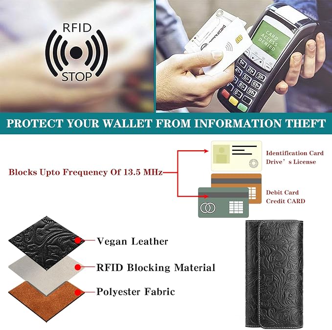 GOIACII Leather Wallets for Women RFID Blocking Western Clutch Black | Embossed Design, Trifold, Large Billfolds, Vintage Flower, Ladies Purses with Zipper Coin Pocket - Image 4