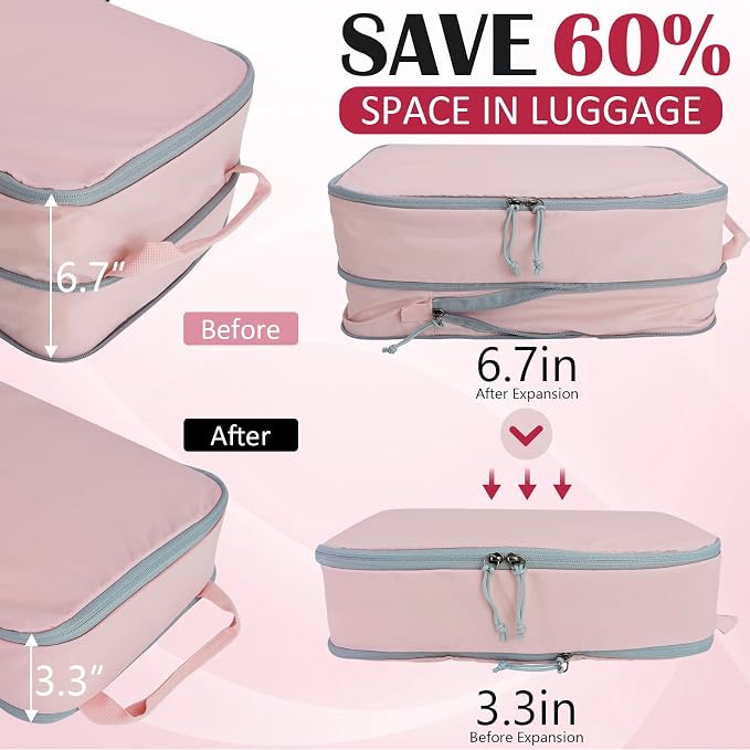 Compression Packing Cubes for Travel Suitcase Organizer Bags, Pink, L | Expandable Travel Cubes for Packing Luggage Organizer Bags Compression Bags for Travel Essentials - Image 2
