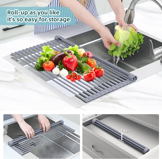 Ohuhu Dish Drying Rack Over The Sink, Roll Up Sink Rack 20.5" W x 13.1" L Rolling Dish Drainer Foldable Accessories Heat-Resistant Mat Anti-Slip Silicone Coated for Kitchen Counter - Image 6