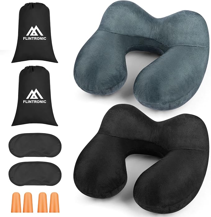flintronic 2PCS Inflatable Travel Pillow, Inflatable Travel Pillow for Airplane, Soft Velvet Neck Support, Lightweight Ergonomic Sleeping Neck Pillow for Airplane, Car, Train, Office, Camping - Image 8