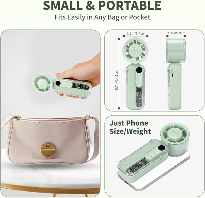 DENTAISyn Portable Handheld Fan,3-in-1Mini Fan,100Speed Adjustment,Handheld/Neck-Wearable/Desktop 3-Way,7-Blade,Powerful,USB Rechargeable Fan,90°Angle Adjustment, Foldable Fan(Green) - Image 5