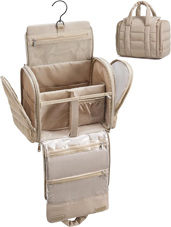 BAGSMART Puffy Travel Makeup Bag, Portable Hanging Toiletry Organizer with Removable Partition, Organizer for Travel-Sized Shampoo, Conditioner, Brushes Set, makeup Accessories, Camel by BAGSMART
