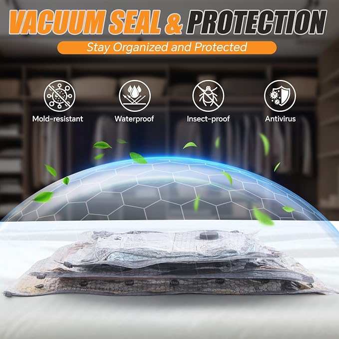 Travel Vacuum Bags with Rechargeable Pump, 16 Pack Compression Packing Bags with 35KPA Electric Pump, 90% Space Saver for Clothes, Vacuum Seal Bags fo Carry-on Luggage Suitcase - Image 6