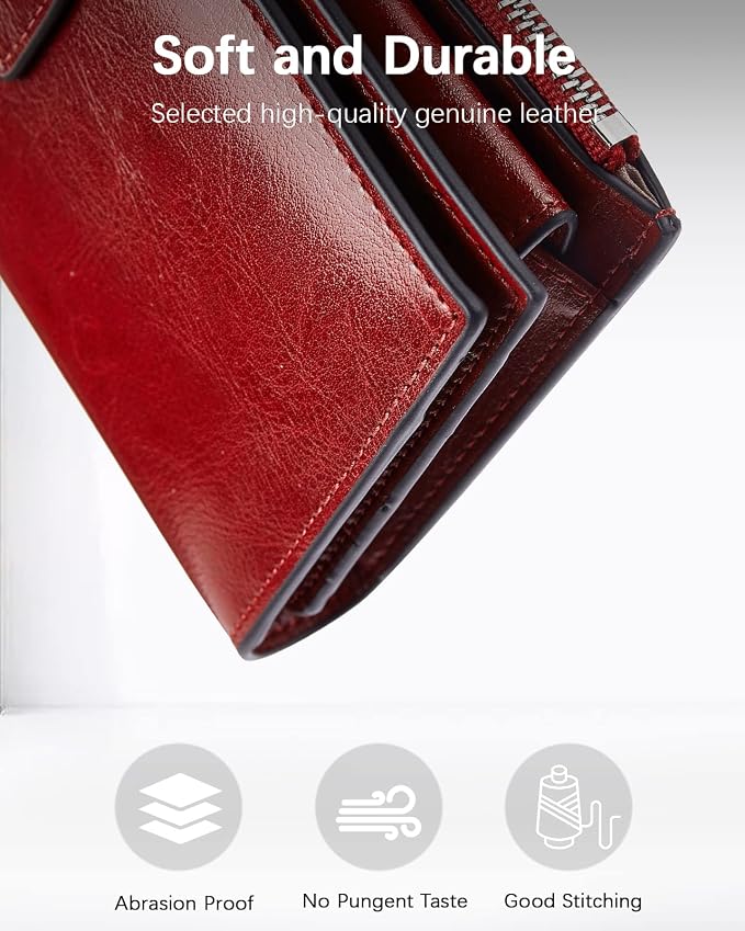 BOSTANTEN Womens Leather Wallet RFID Large Capacity Credit Card Holder | 20 Card Slots, Phone Holder, Zipper Coin Pocket, Clutch Wallet, Long Bifold, Ladies Gifts, Rose Red - Image 3